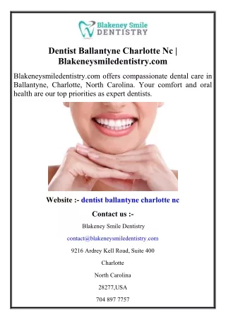 Dentist Ballantyne Charlotte Nc  Blakeneysmiledentistry.com