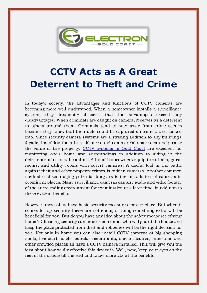 cctv acts as a great deterrent to theft and crime