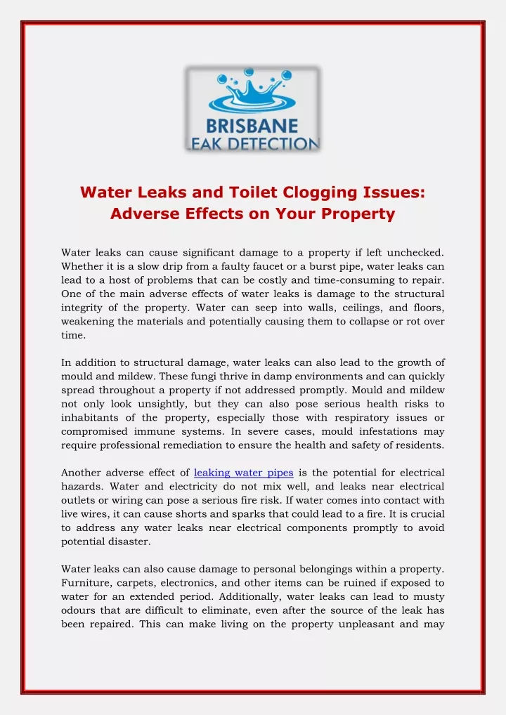 water leaks and toilet clogging issues adverse