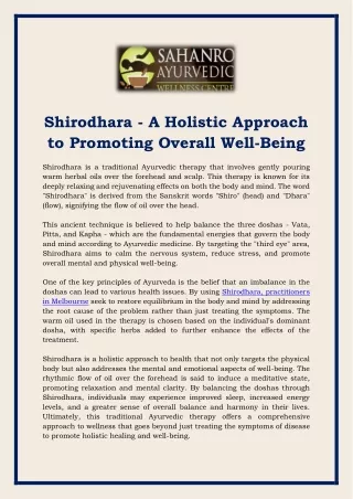 Shirodhara - A Holistic Approach to Promoting Overall Well-Being