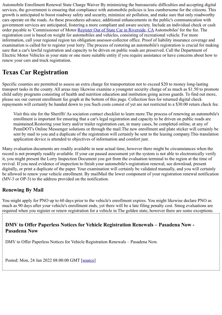 automobile enrollment renewal state charge waiver