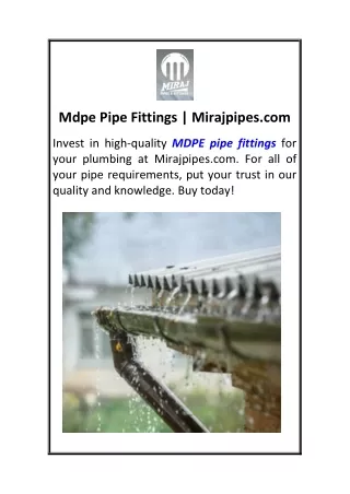 Mdpe Pipe Fittings  Mirajpipes.com