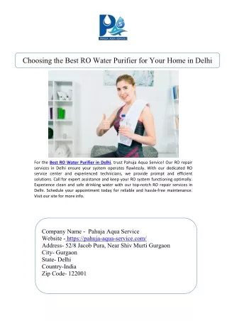 Choosing the Best RO Water Purifier for Your Home in Delhi