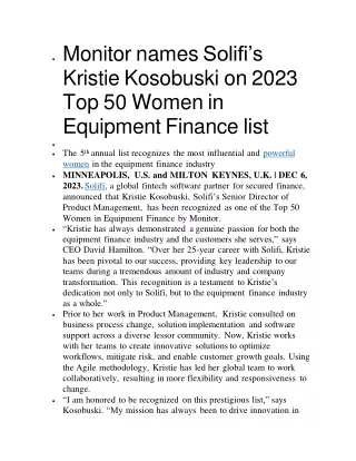 Monitor names Solifi’s Kristie Kosobuski on 2023 Top 50 Women in Equipment Finan