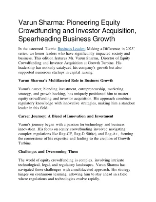 Varun Sharma: Pioneering Equity Crowdfunding and Investor Acquisition, Spearhead