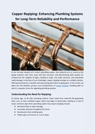 Copper Repiping: Enhancing Plumbing Systems for Long-Term Reliability