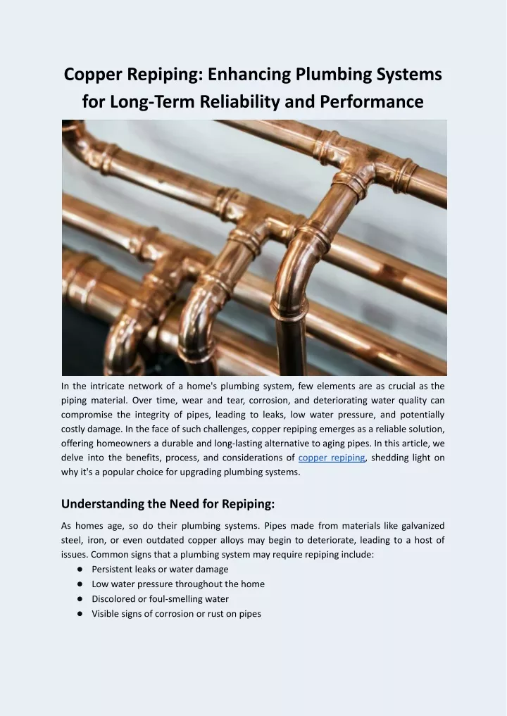 copper repiping enhancing plumbing systems