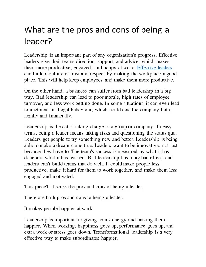 what are the pros and cons of being a leader