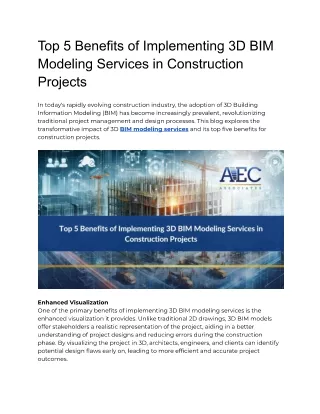 Top 5 Benefits of Implementing 3D BIM Modeling Services in Construction Projects