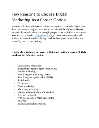 Few Reasons to Choose Digital Marketing As a Career Option
