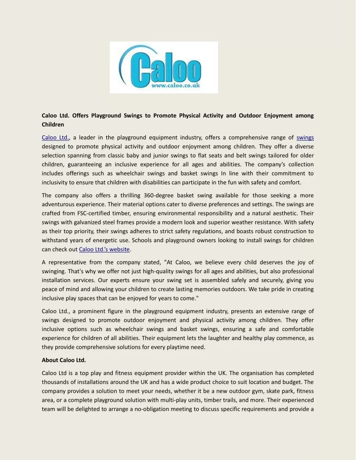 caloo ltd offers playground swings to promote