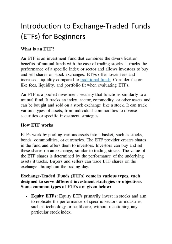 introduction to exchange traded funds etfs