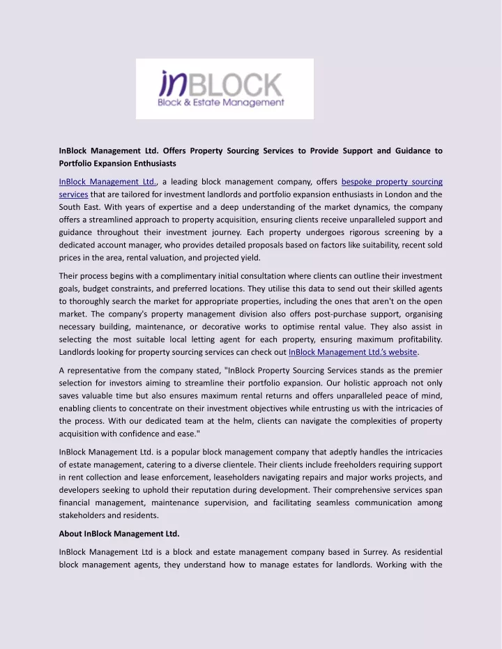inblock management ltd offers property sourcing