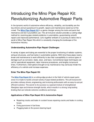 Introducing the Mino Pipe Repair Kit: Revolutionizing Automotive Repair Parts