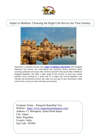 Jaipur to Mathura Choosing the Right Cab Service for Your Journey