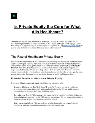Is Private Equity the Cure for What Ails Healthcare