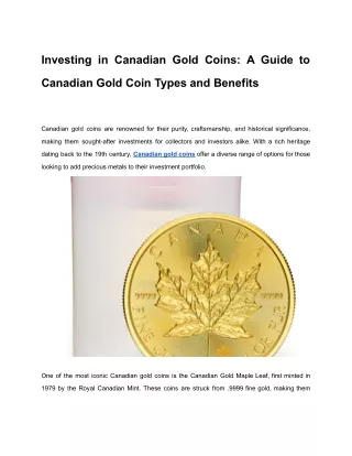 Investing in Canadian Gold Coins: A Guide to Canadian Gold Coin Types