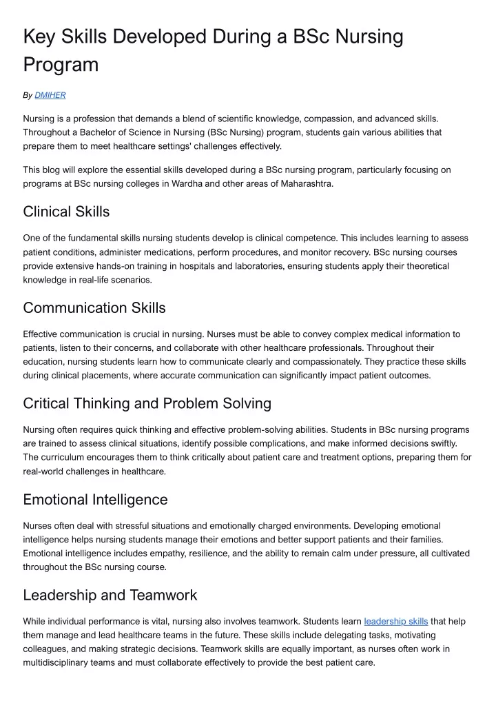 key skills developed during a bsc nursing program
