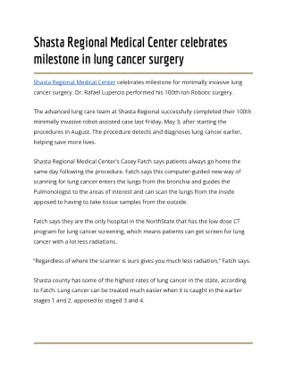 Shasta Regional Medical Center celebrates milestone in lung cancer surgery