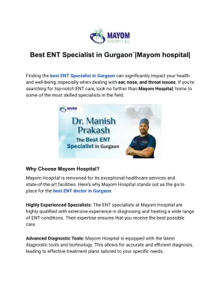 Best ENT Specialist in Gurgaon`Mayom hospital