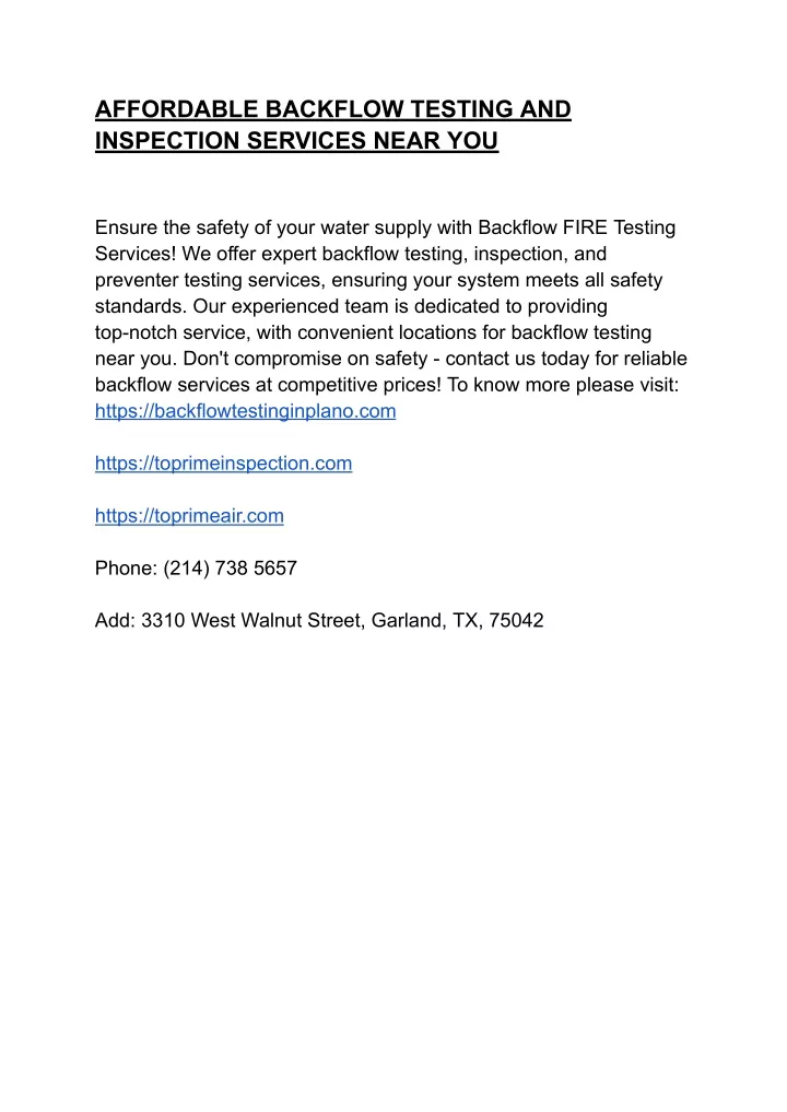 affordable backflow testing and inspection