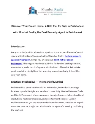 4 BHK Flat for Sale In Prabbhadevi Mumbai Realty