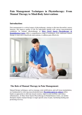 Pain Management Techniques in Physiotherapy From Manual Therapy to Mind-Body Interventions