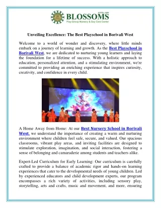 Unveiling Excellence The Best Playschool in Borivali West