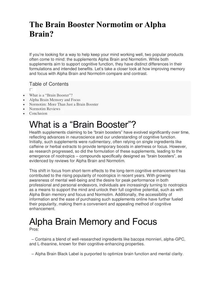the brain booster normotim or alpha brain