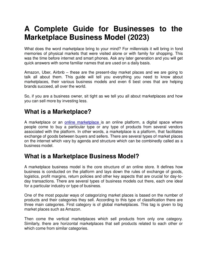 a com ple t e guide f or busi n e s se s to the marketplace business model 2023