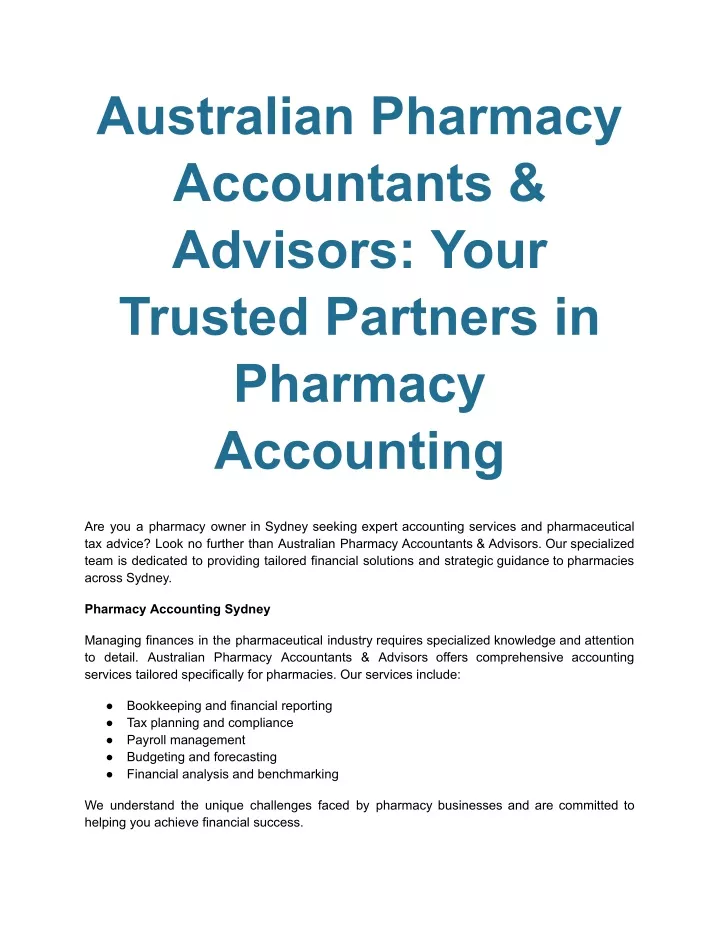 australian pharmacy accountants advisors your