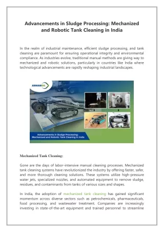 Advancements in Sludge Processing, Mechanized and Robotic Tank Cleaning in India