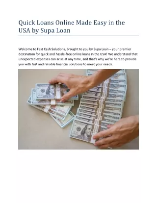 Quick Loans Online Made Easy in the USA by Supa Loan