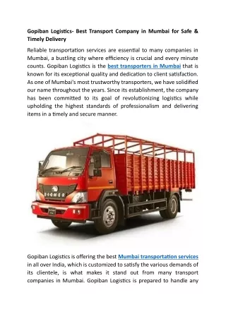 Gopiban Logistics- Best Transport Company in Mumbai for Safe & Timely Delivery