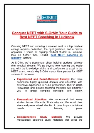 Conquer NEET with S-Orbit: Your Guide to Best NEET Coaching In Lucknow