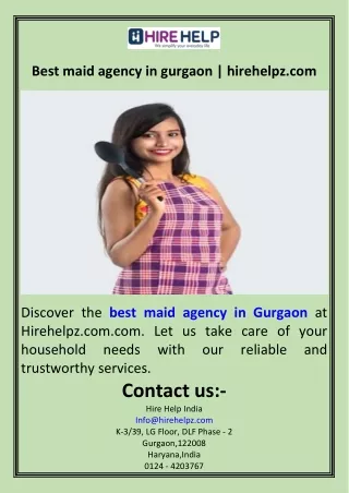 Best maid agency in gurgaon  hirehelpz.com