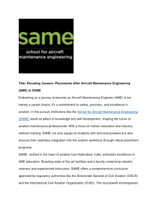 Elevating Careers Placements After Aircraft Maintenance Engineering (AME) at SAME