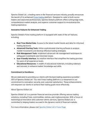 Spectra Global Ltd. Unveils Advanced Forex Trading Solutions