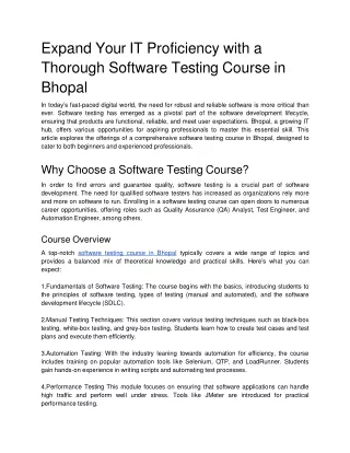 Expand Your IT Proficiency with a Thorough Software Testing Course in Bhopal