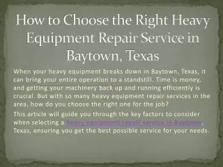 How to Choose the Right Heavy Equipment Repair Service in Baytown, Texas