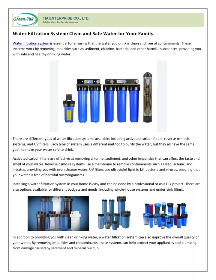 water filtration system clean and safe water