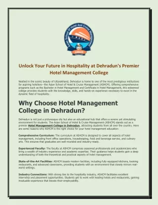 Unlock Your Future in Hospitality at Dehraduns Premier Hotel Management College