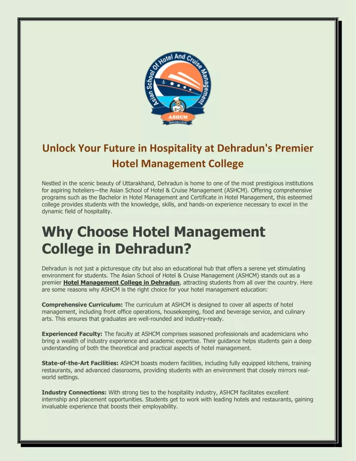 unlock your future in hospitality at dehradun