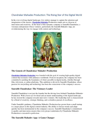 Chandrakar Mahadev Production - The Rising Star of the Digital World