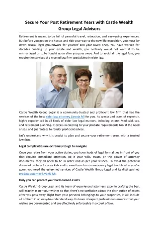 Secure Your Post Retirement Years with Castle Wealth Group Legal Advisors