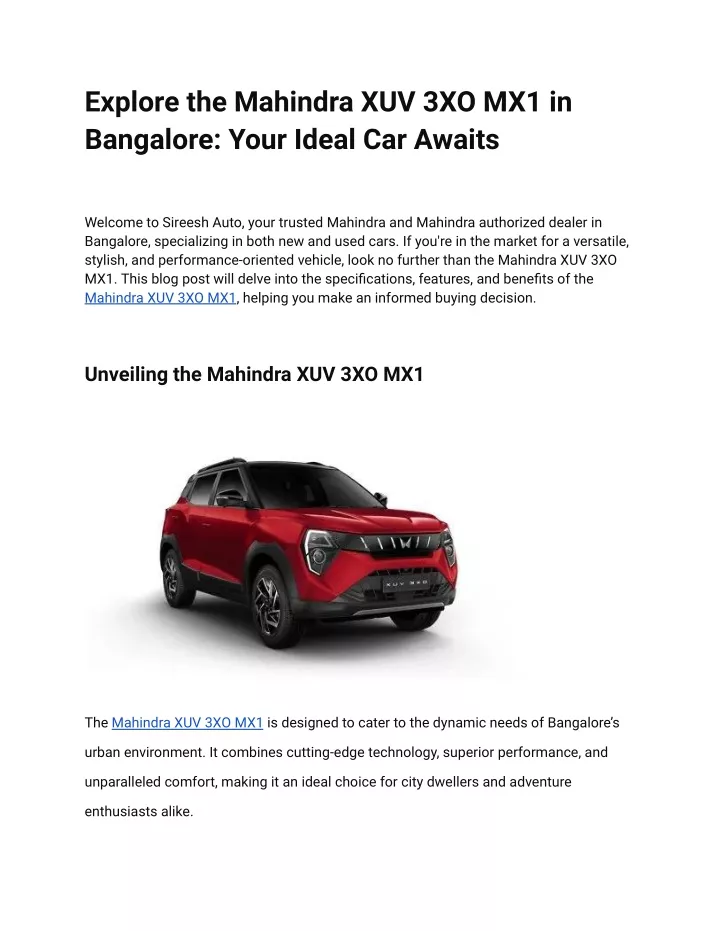 explore the mahindra xuv 3xo mx1 in bangalore