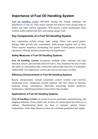 The Value of Fuel Oil Handling System