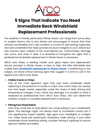 5 Signs That Indicate You Need Immediate Back Windshield Replacement Professionals