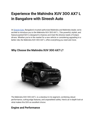 Experience the Mahindra XUV 3OO AX7 L in Bangalore with Sireesh Auto