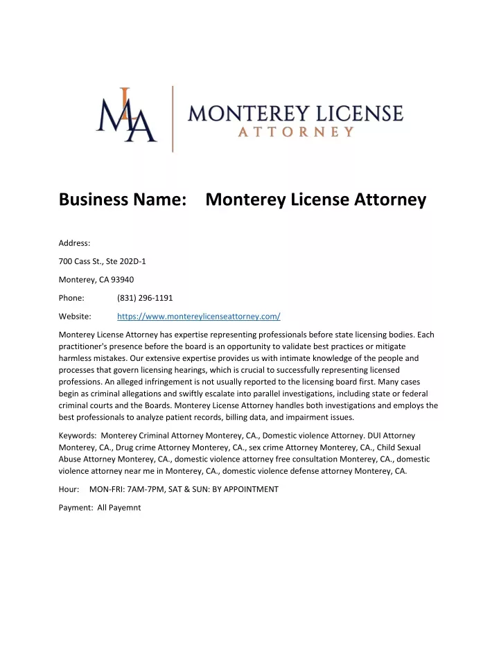 business name monterey license attorney